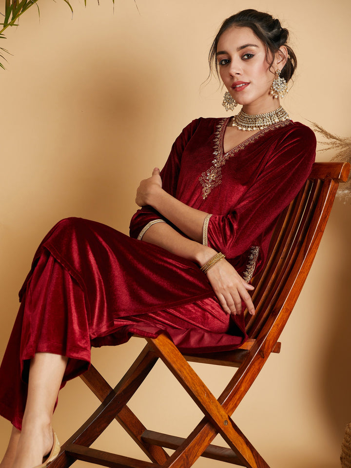 Maroon Velvet Embroidered Pocket Straight Kurta-Shae by SASSAFRAS