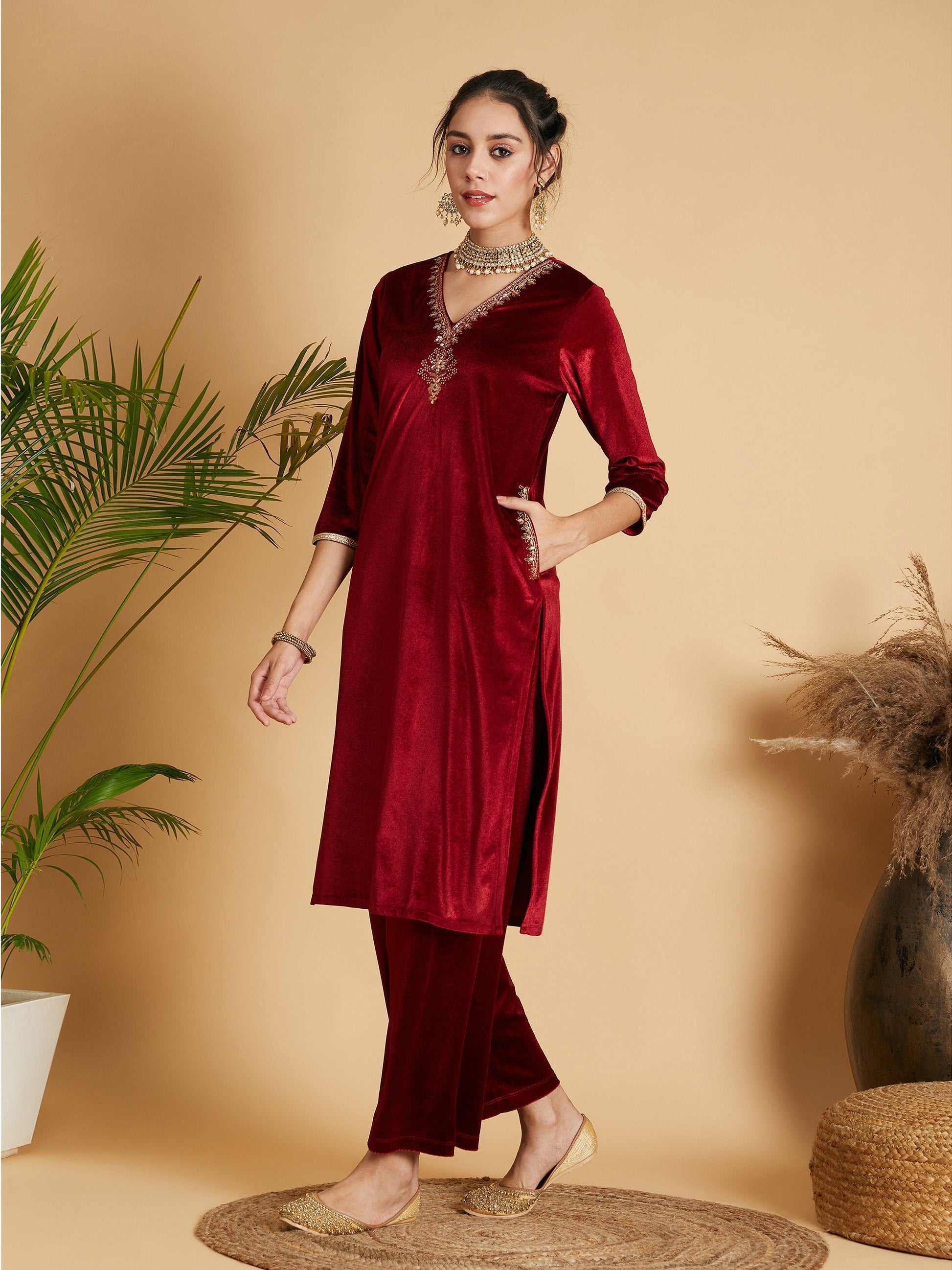 Maroon Velvet Embroidered Pocket Straight Kurta-Shae by SASSAFRAS