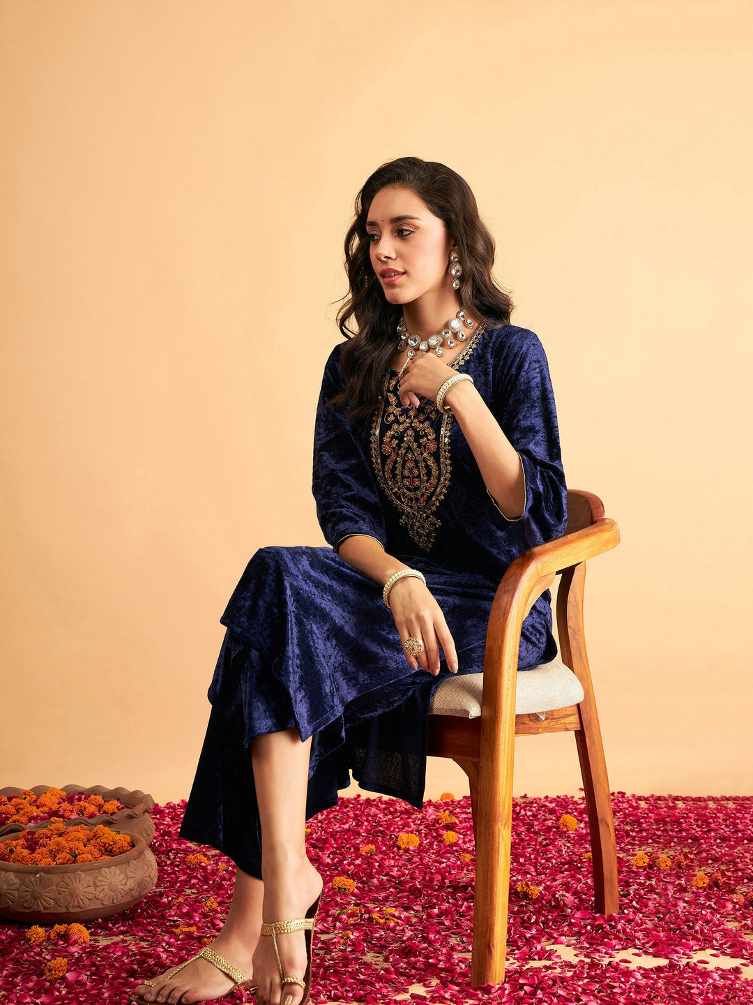 Women Navy Velvet Sequence Embroidered Straight Kurta
