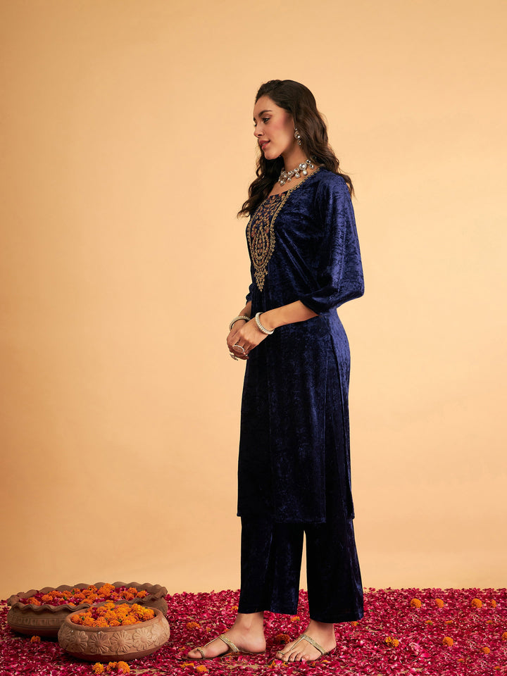 Women Navy Velvet Sequence Embroidered Straight Kurta