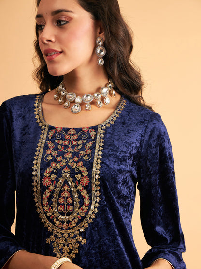 Women Navy Blue Velvet Sequence Embroidered Straight Kurta