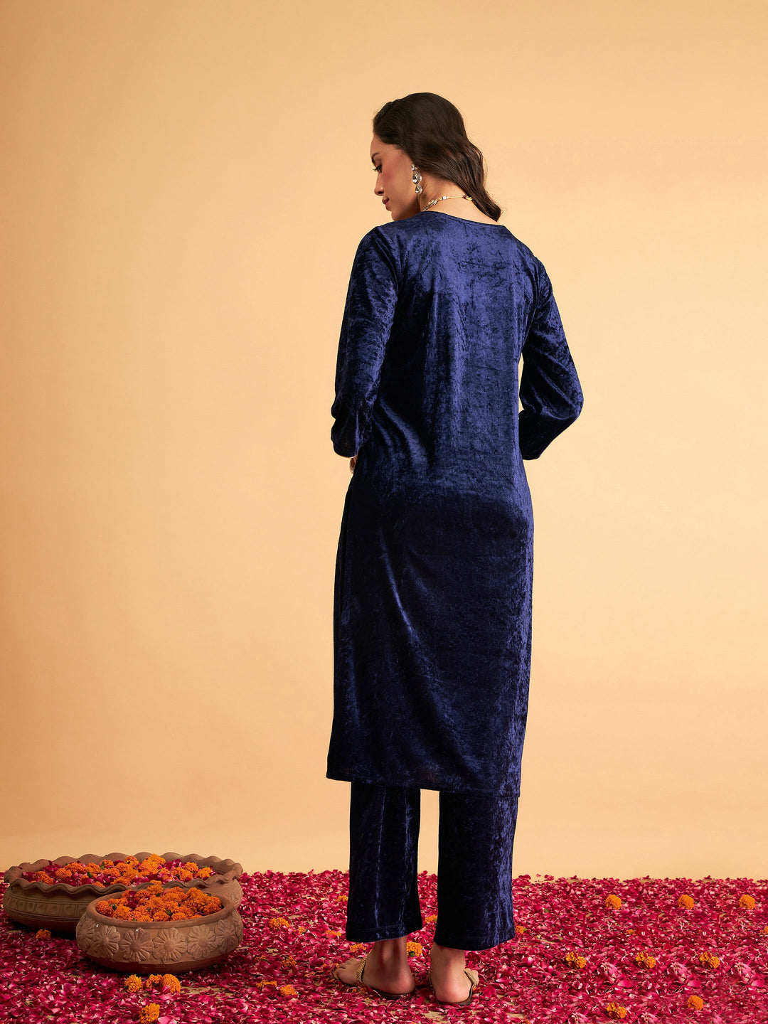 Women Navy Velvet Sequence Embroidered Straight Kurta