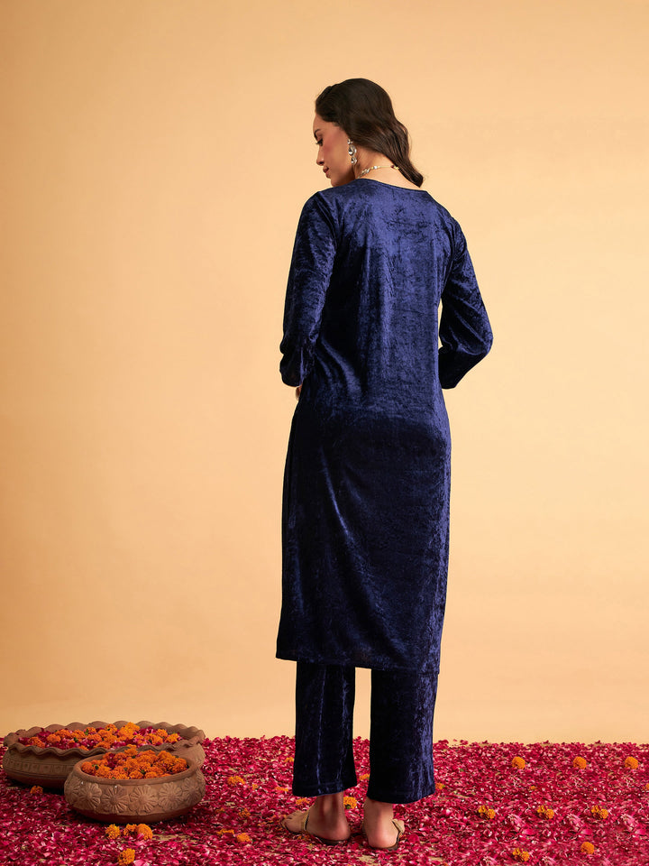 Women Navy Velvet Sequence Embroidered Straight Kurta