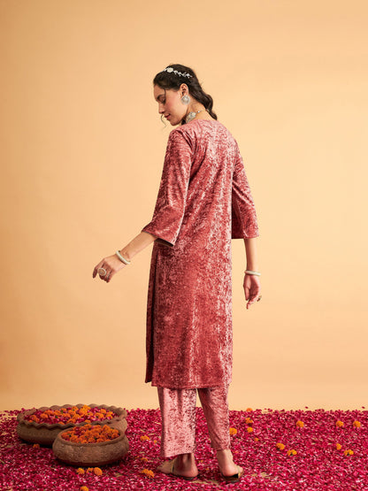 Pink Velvet Embroidered Straight Kurta-Shae by SASSAFRAS