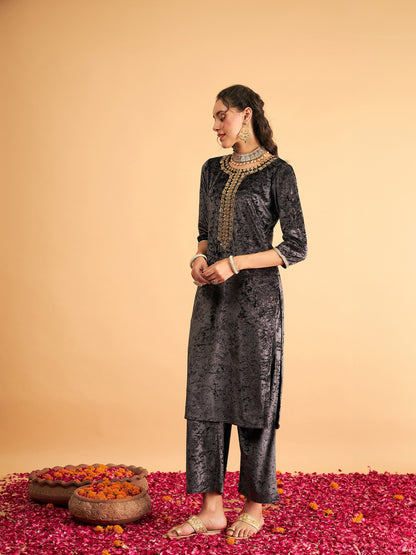 Grey Embroidered Straight Kurta