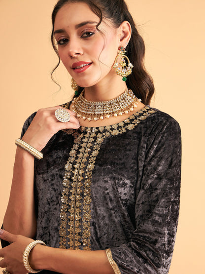 Grey Embroidered Straight Kurta