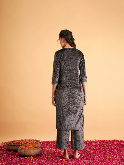 Grey Embroidered Straight Kurta