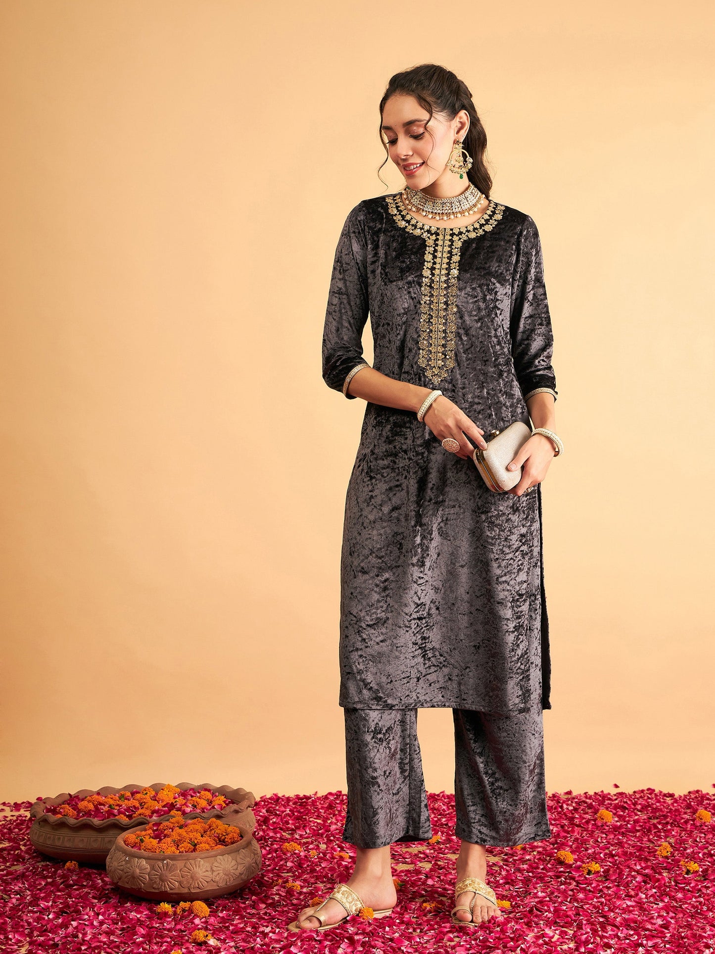 Grey Embroidered Straight Kurta
