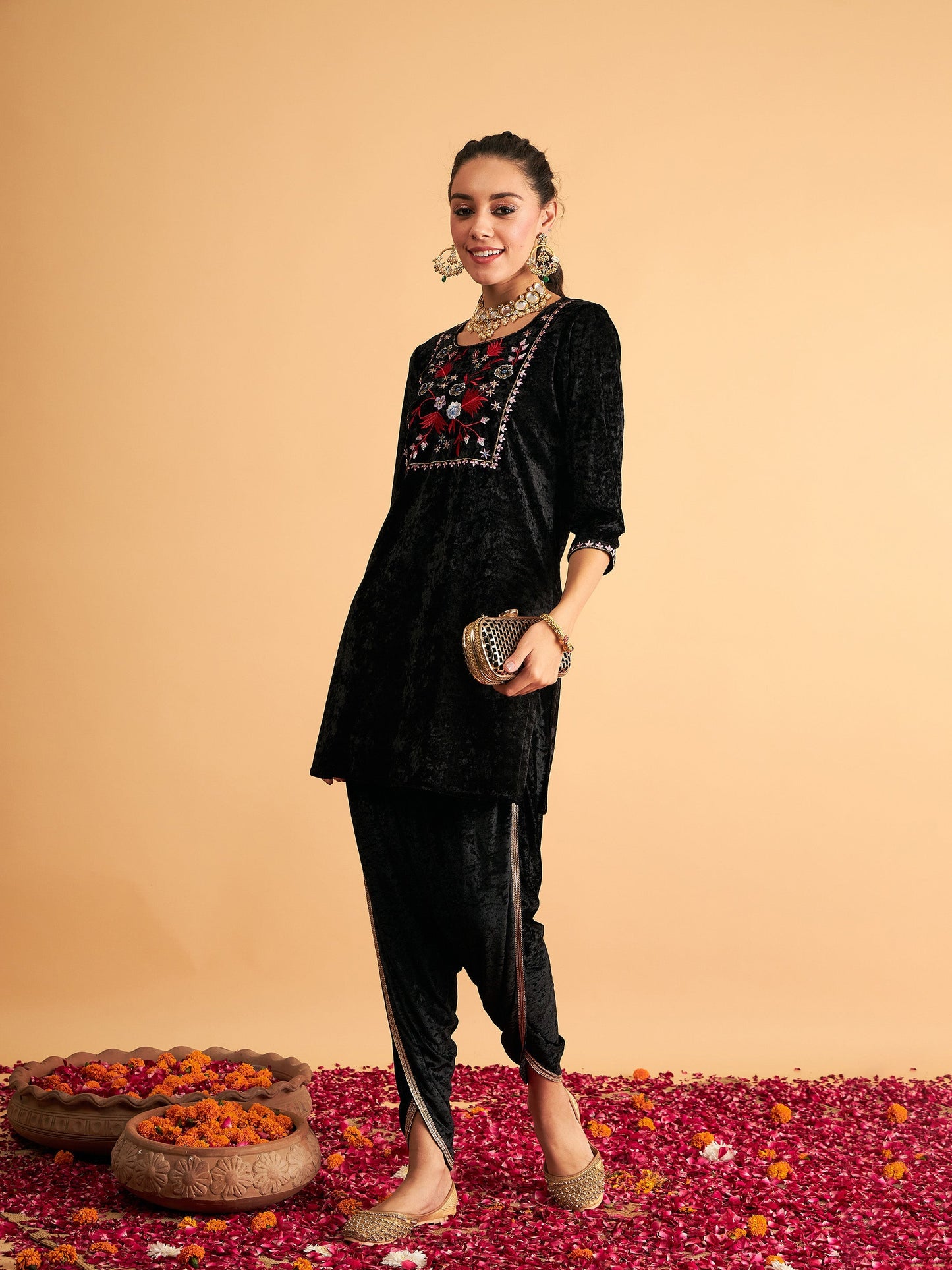 Black Velvet Front Yoke Embroidered Short Kurta