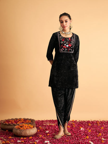 Black Velvet Front Yoke Embroidered Short Kurta