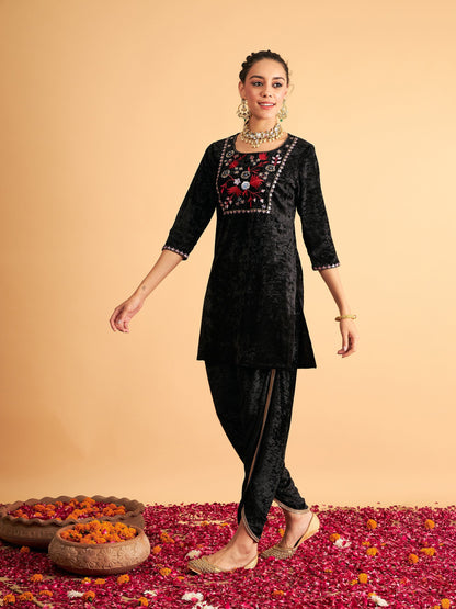 Black Velvet Front Yoke Embroidered Short Kurta