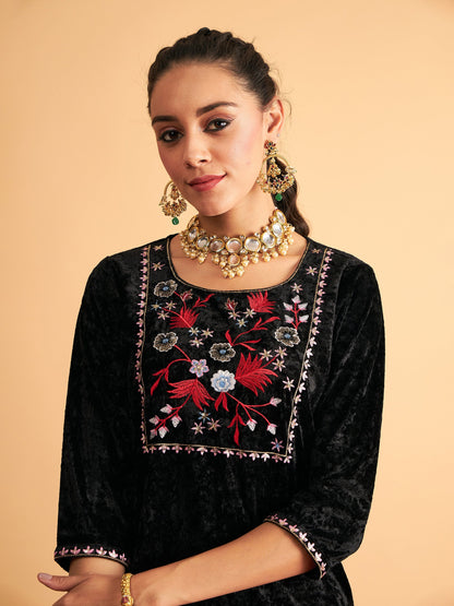 Black Velvet Front Yoke Embroidered Short Kurta