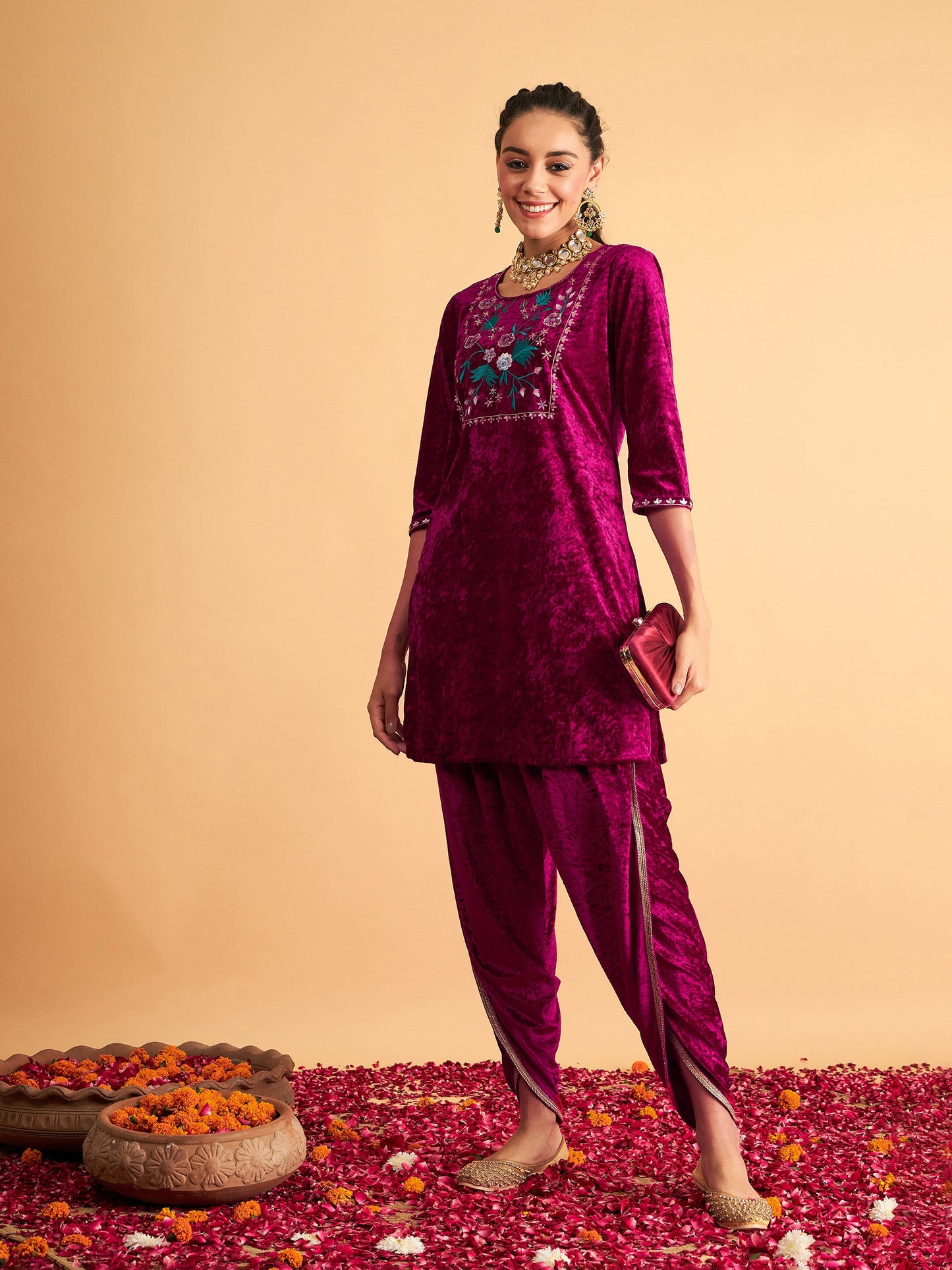 Fuchsia Velvet Front Yoke Embroidered Short Kurta