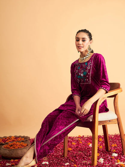 Fuchsia Velvet Front Yoke Embroidered Short Kurta