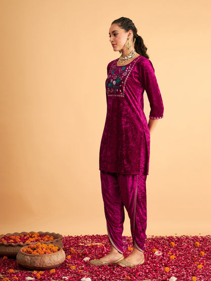 Fuchsia Velvet Front Yoke Embroidered Short Kurta