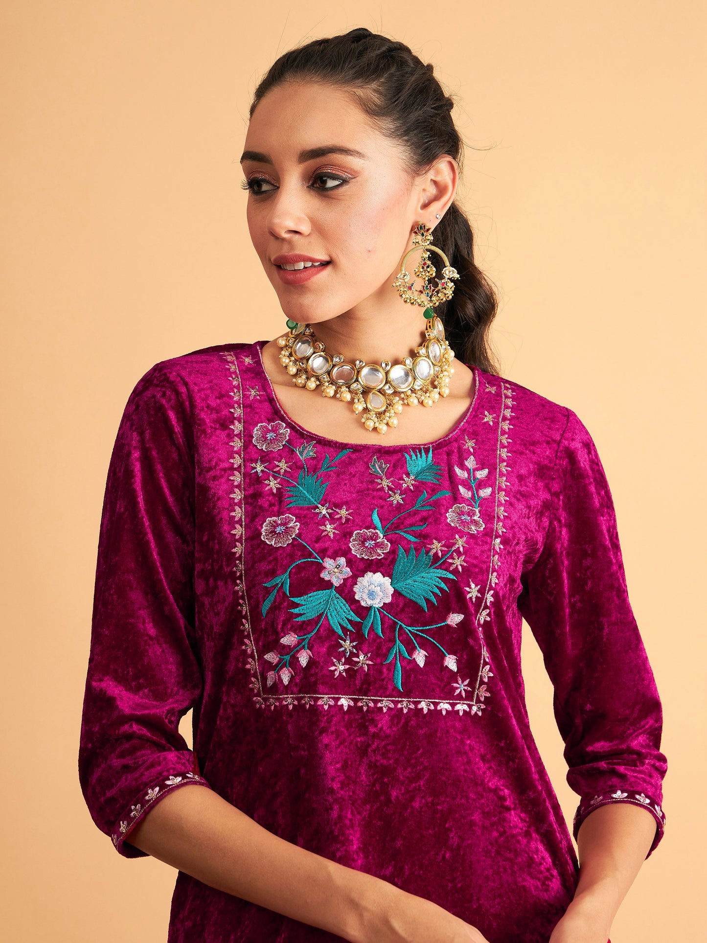 Fuchsia Velvet Front Yoke Embroidered Short Kurta