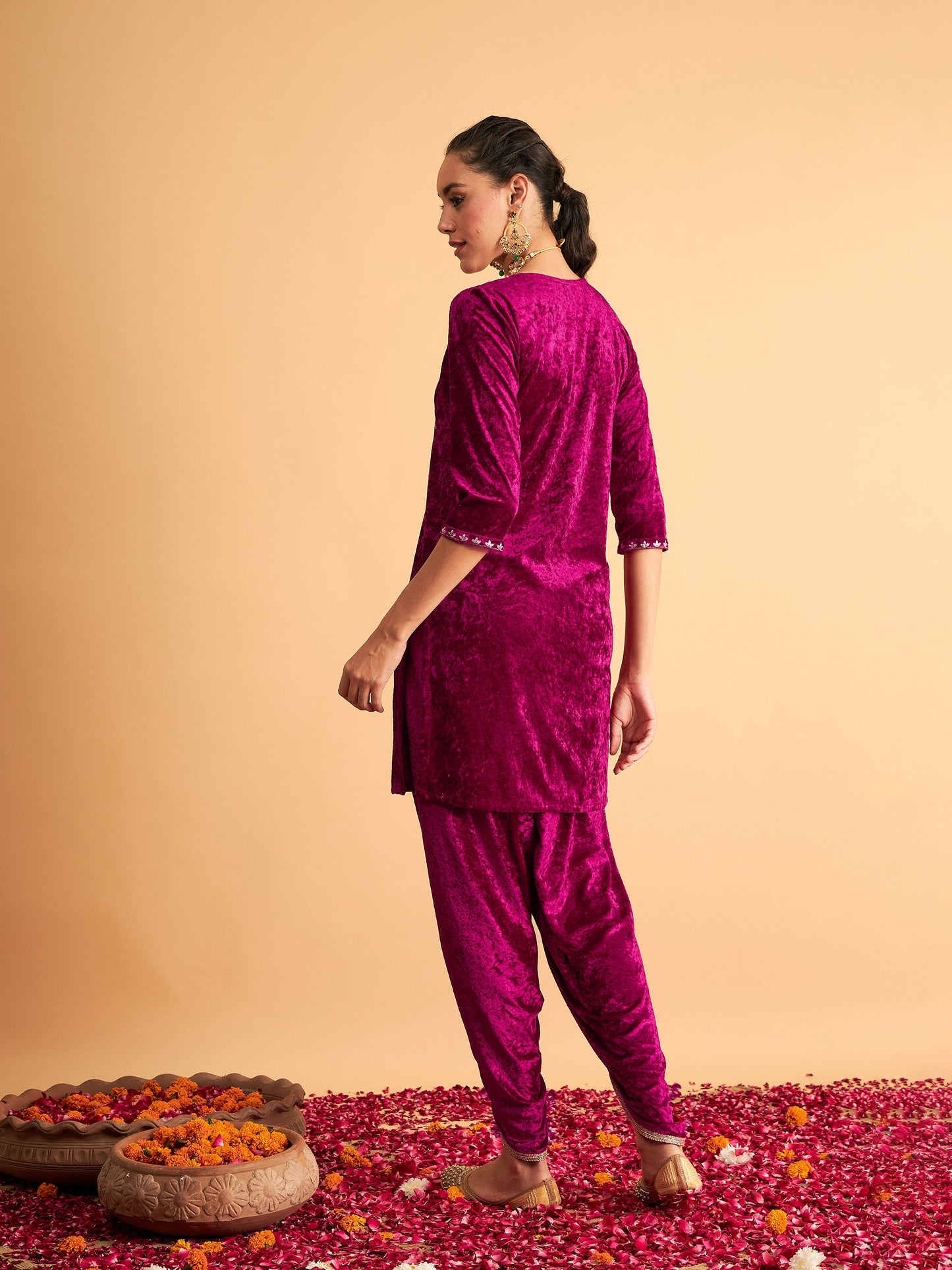 Fuchsia Velvet Front Yoke Embroidered Short Kurta