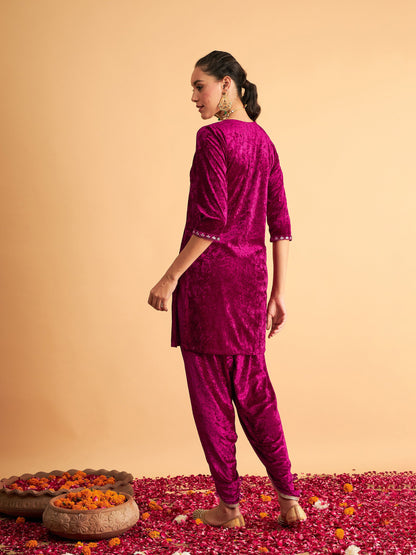 Fuchsia Velvet Front Yoke Embroidered Short Kurta