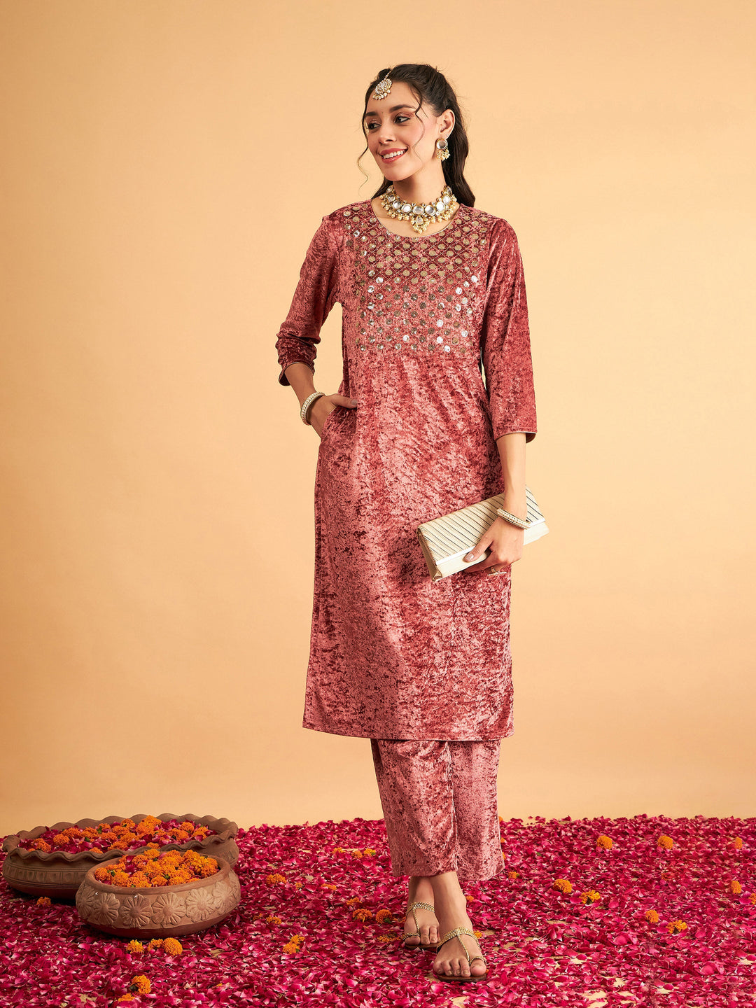 Pink Velvet Front Embroidered Straight Kurta