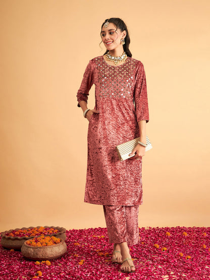 Pink Velvet Front Embroidered Straight Kurta