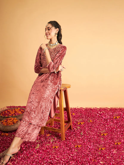 Pink Velvet Front Embroidered Straight Kurta