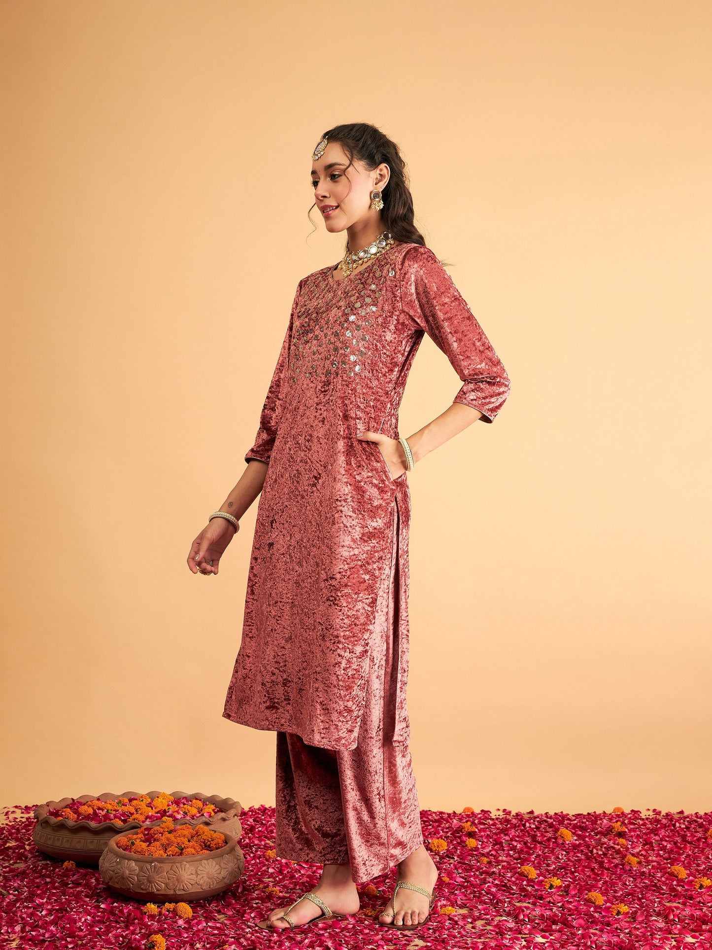 Pink Velvet Front Embroidered Straight Kurta