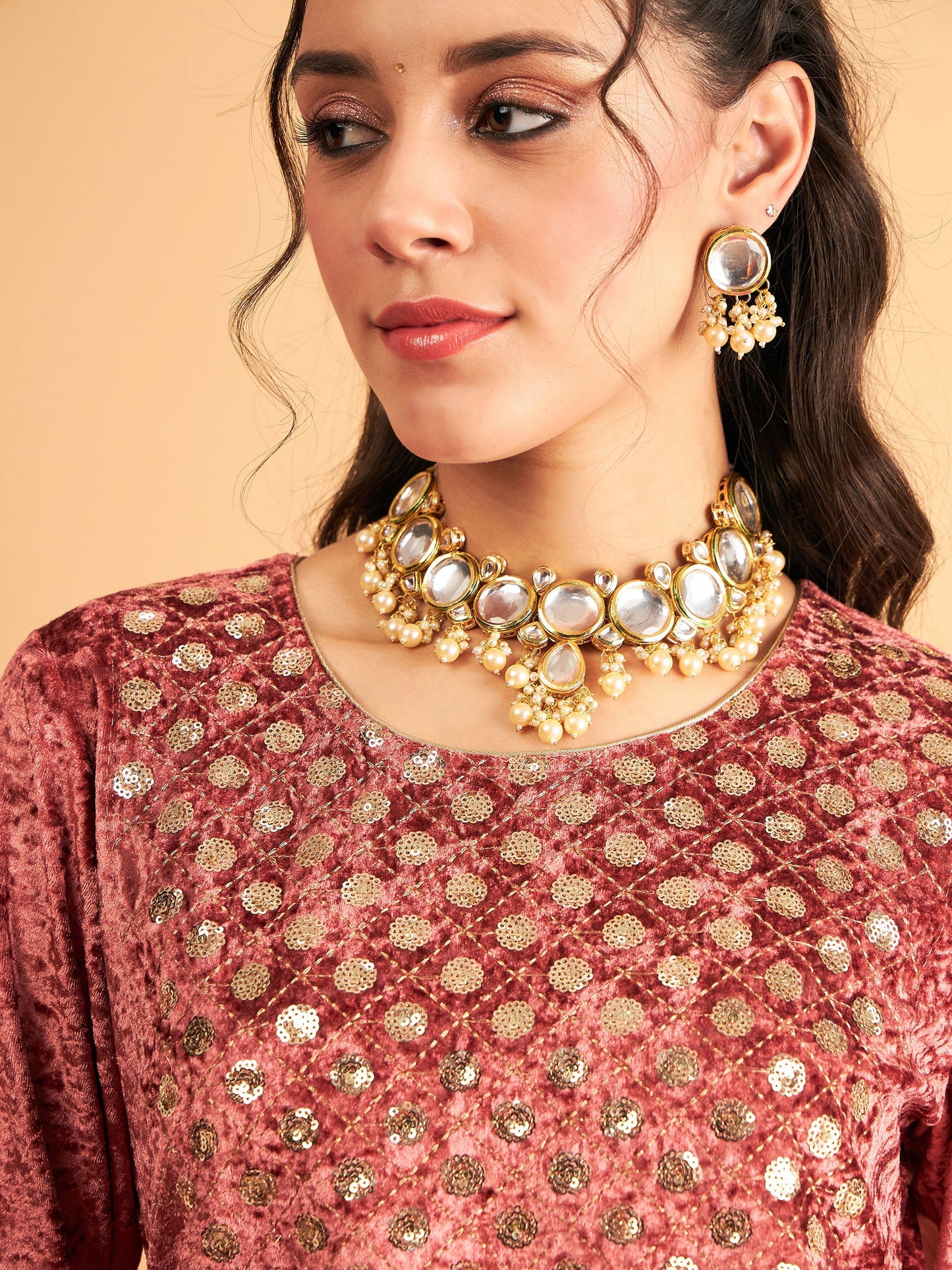 Pink Velvet Front Embroidered Straight Kurta