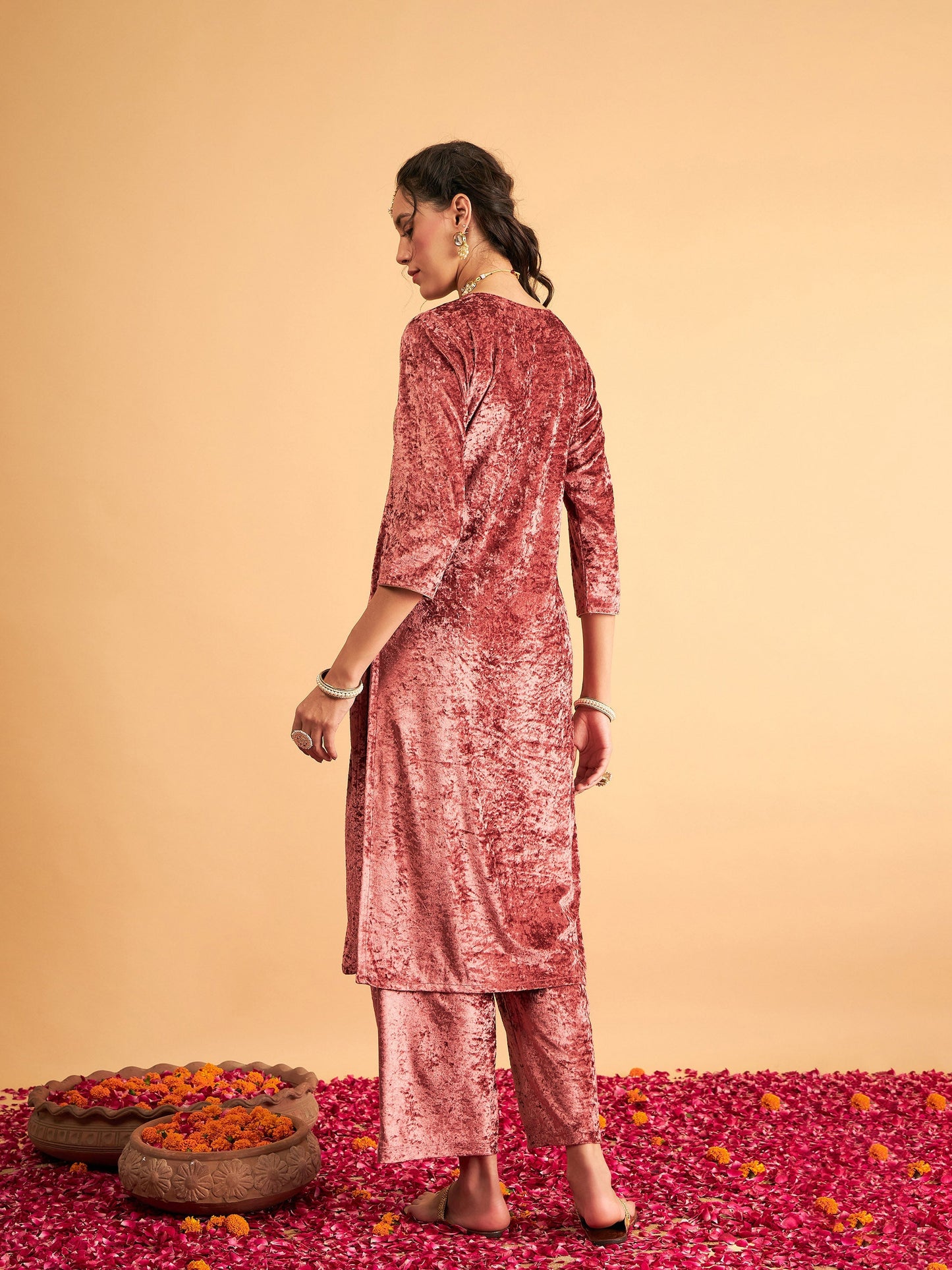 Pink Velvet Front Embroidered Straight Kurta