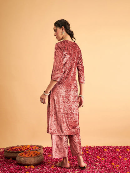 Pink Velvet Front Embroidered Straight Kurta