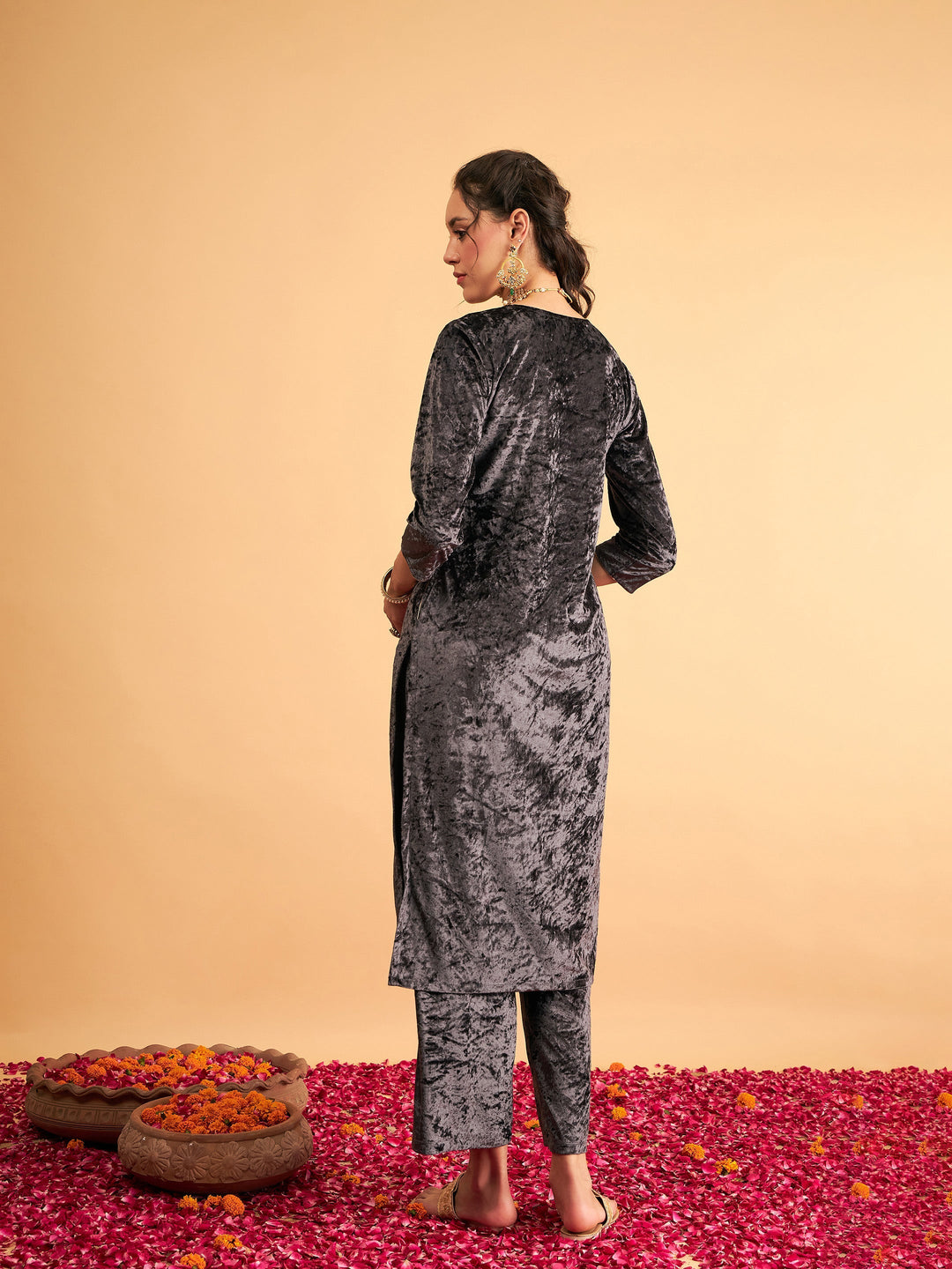 Grey Velvet Front Embroidered Straight Kurta-Shae by SASSAFRAS