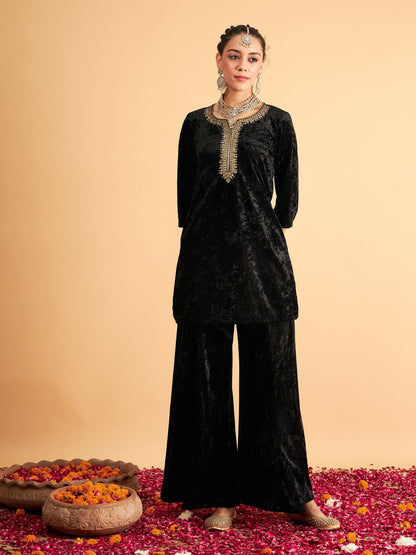 Black Velvet Sequence Embroidered Short Kurta