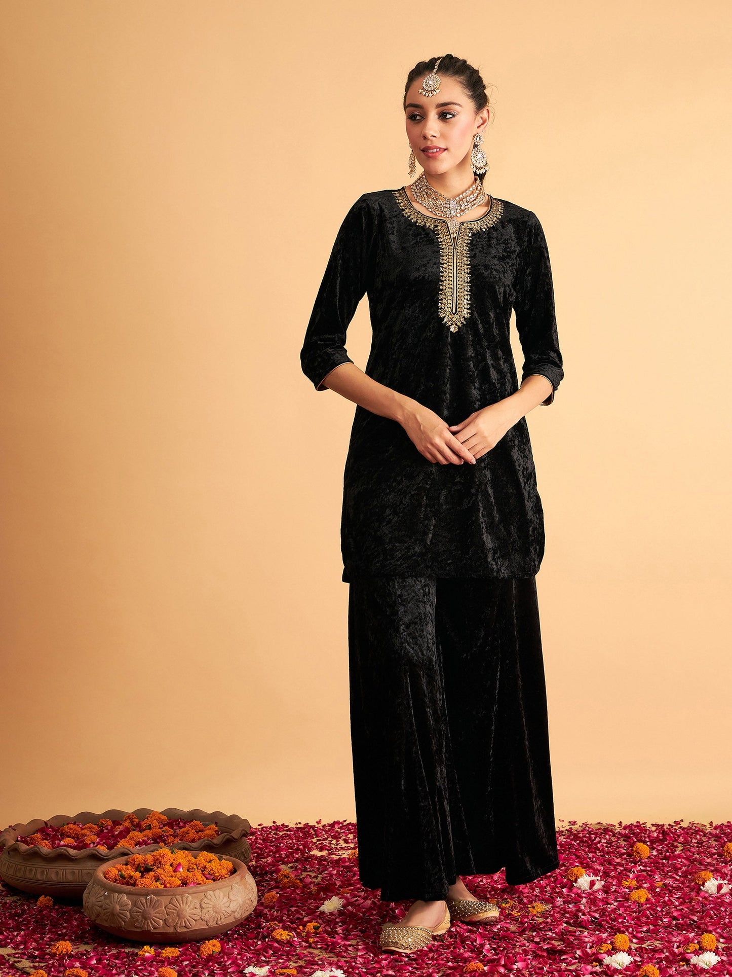Black Velvet Sequence Embroidered Short Kurta
