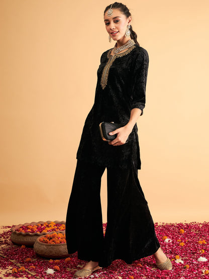 Black Velvet Sequence Embroidered Short Kurta