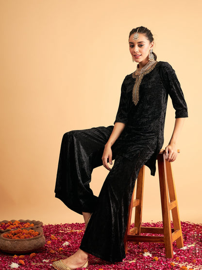 Black Velvet Sequence Embroidered Short Kurta