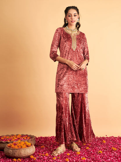 Pink Velvet Sequence Embroidered Short Kurta-Shae by SASSAFRAS