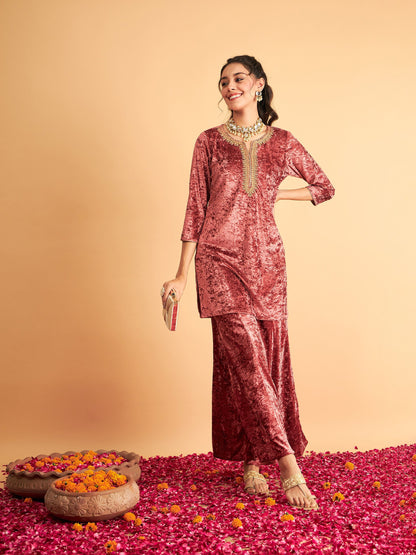 Pink Velvet Sequence Embroidered Short Kurta-Shae by SASSAFRAS