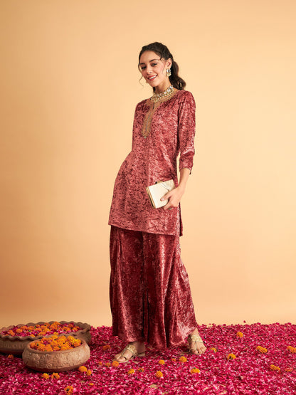 Pink Velvet Sequence Embroidered Short Kurta-Shae by SASSAFRAS