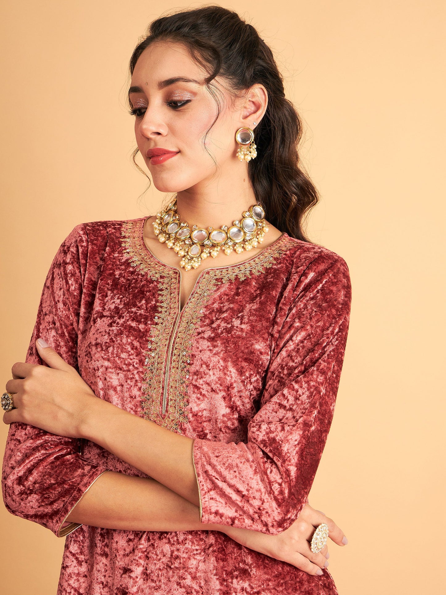 Pink Velvet Sequence Embroidered Short Kurta-Shae by SASSAFRAS