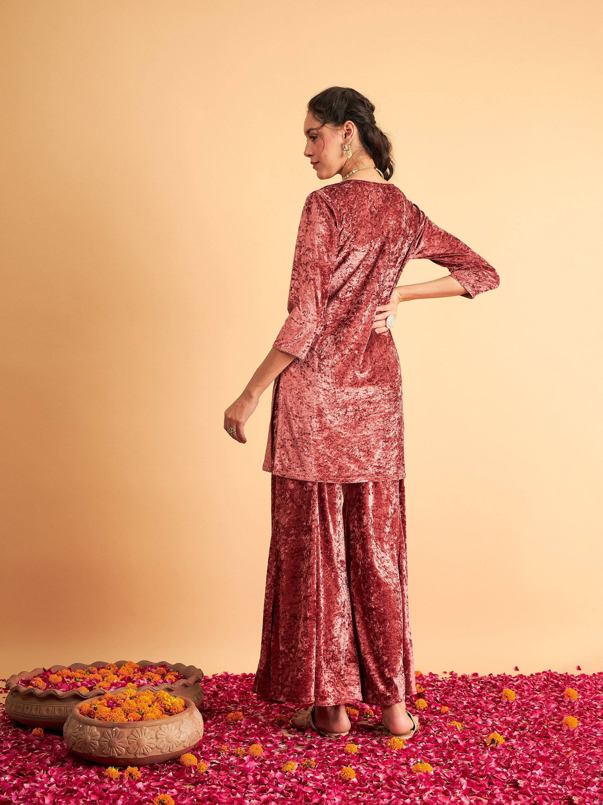 Pink Velvet Sequence Embroidered Short Kurta-Shae by SASSAFRAS