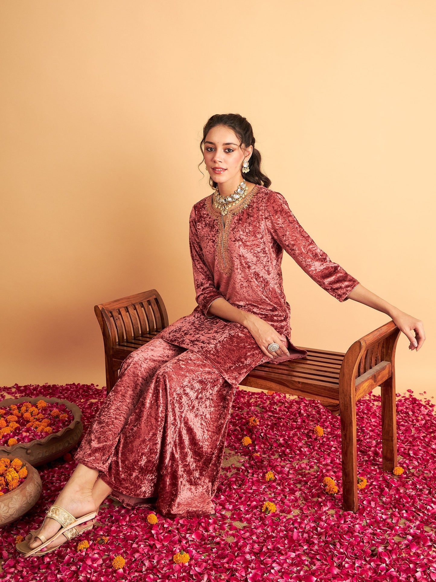 Pink Velvet Sequence Embroidered Short Kurta-Shae by SASSAFRAS