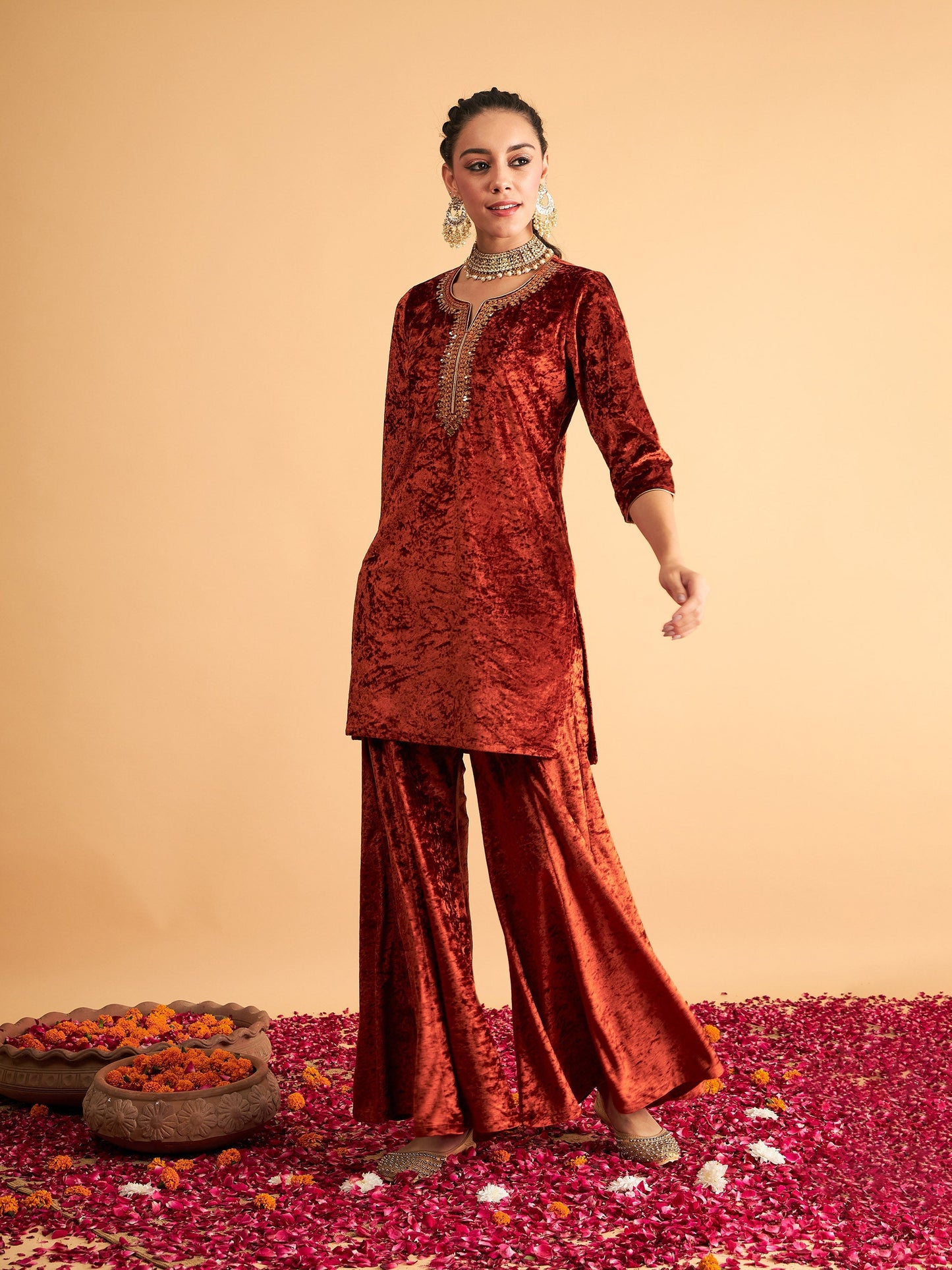 Rust Velvet Sequence Embroidered Short Kurta-Shae by SASSAFRAS