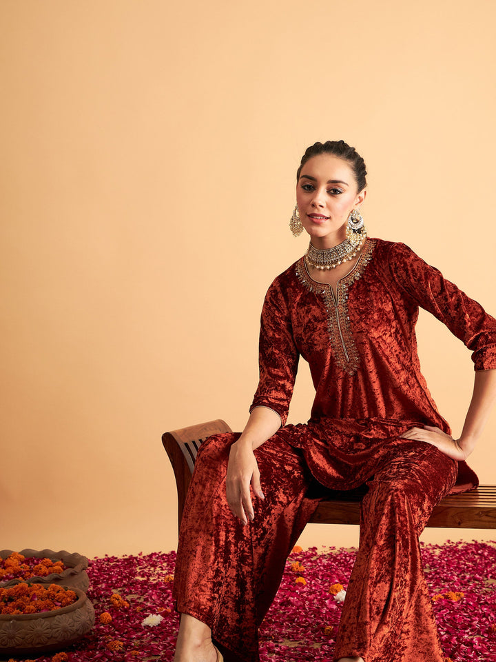 Rust Velvet Sequence Embroidered Short Kurta-Shae by SASSAFRAS