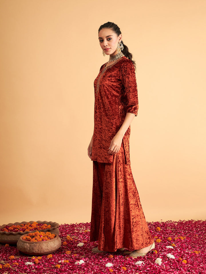 Rust Velvet Sequence Embroidered Short Kurta-Shae by SASSAFRAS