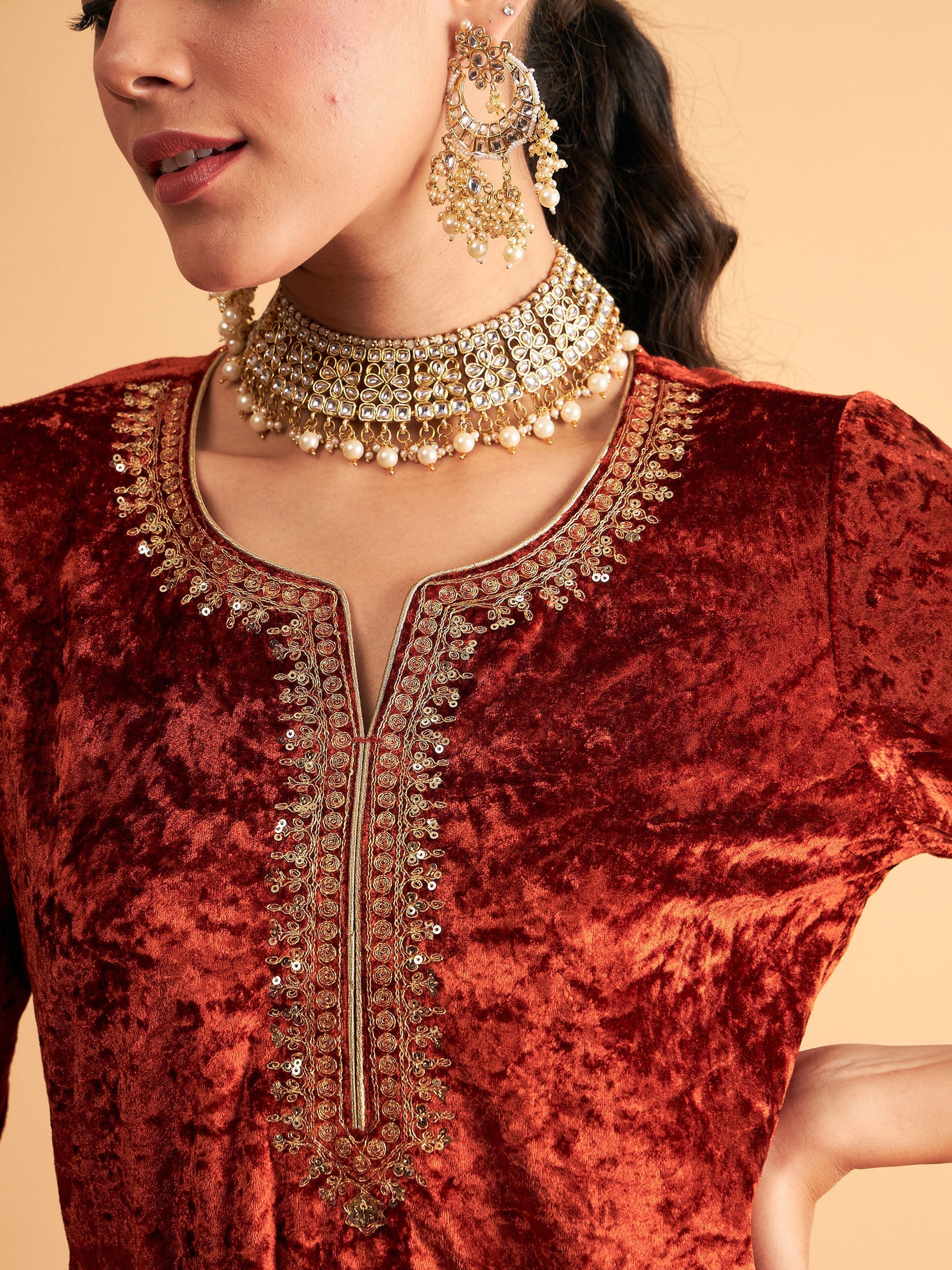 Rust Velvet Sequence Embroidered Short Kurta-Shae by SASSAFRAS