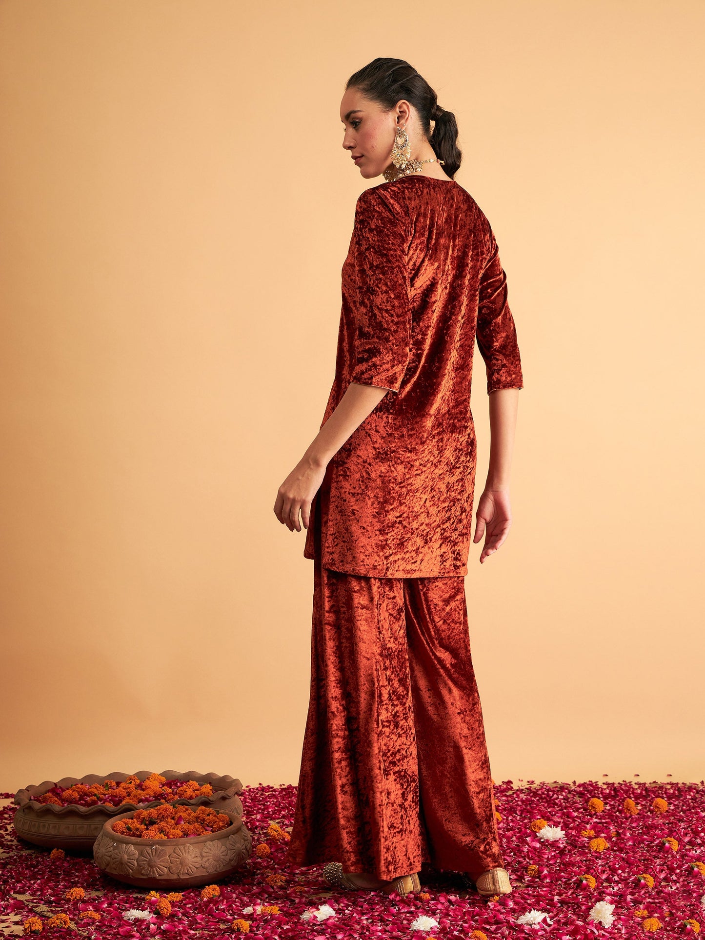 Rust Velvet Sequence Embroidered Short Kurta-Shae by SASSAFRAS