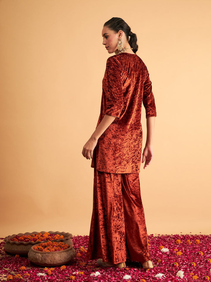 Rust Velvet Sequence Embroidered Short Kurta-Shae by SASSAFRAS