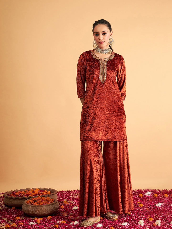 Rust Velvet Sequence Embroidered Short Kurta-Shae by SASSAFRAS