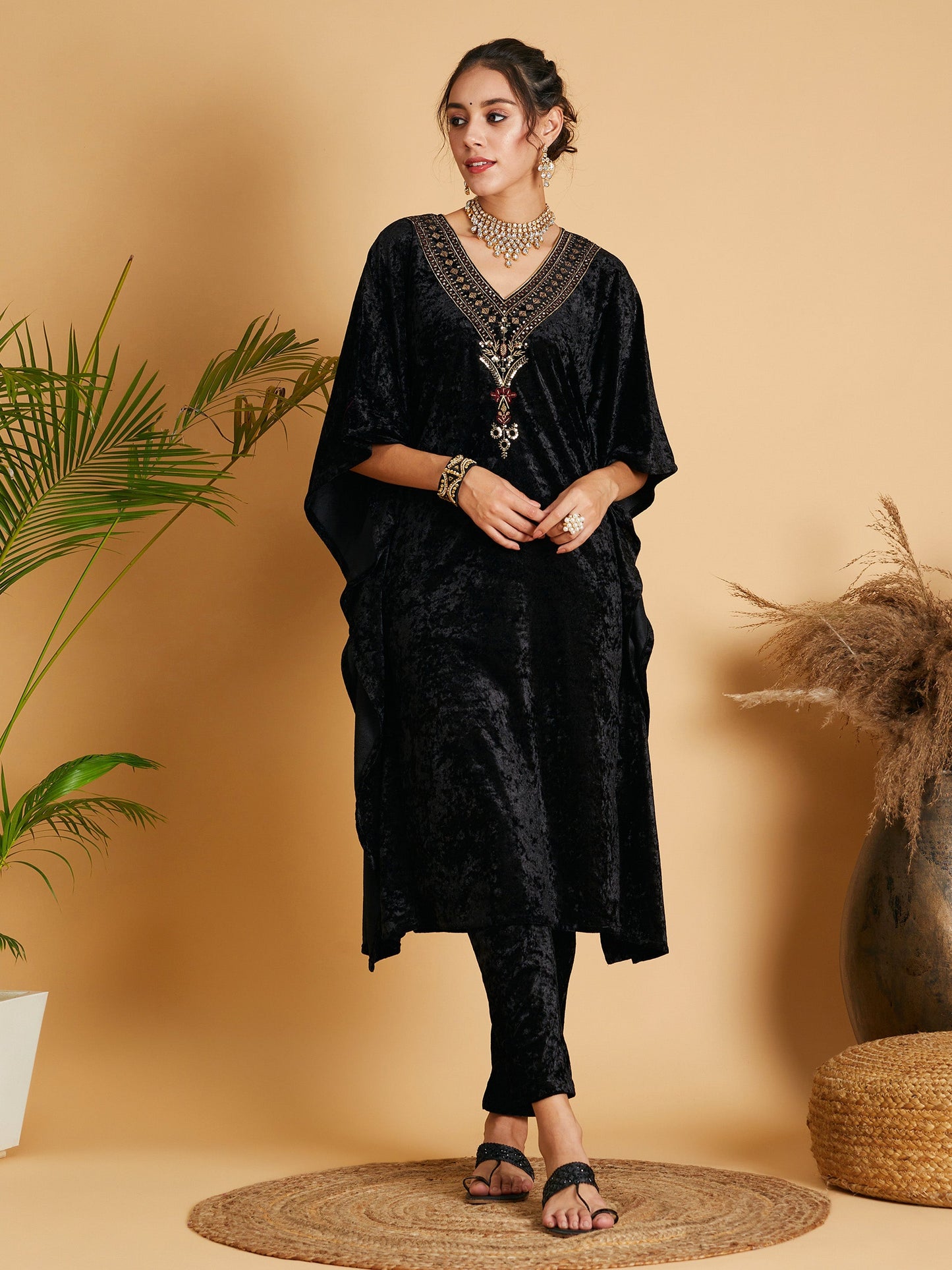 Black Velvet Kaftan Kurta-Shae by SASSAFRAS