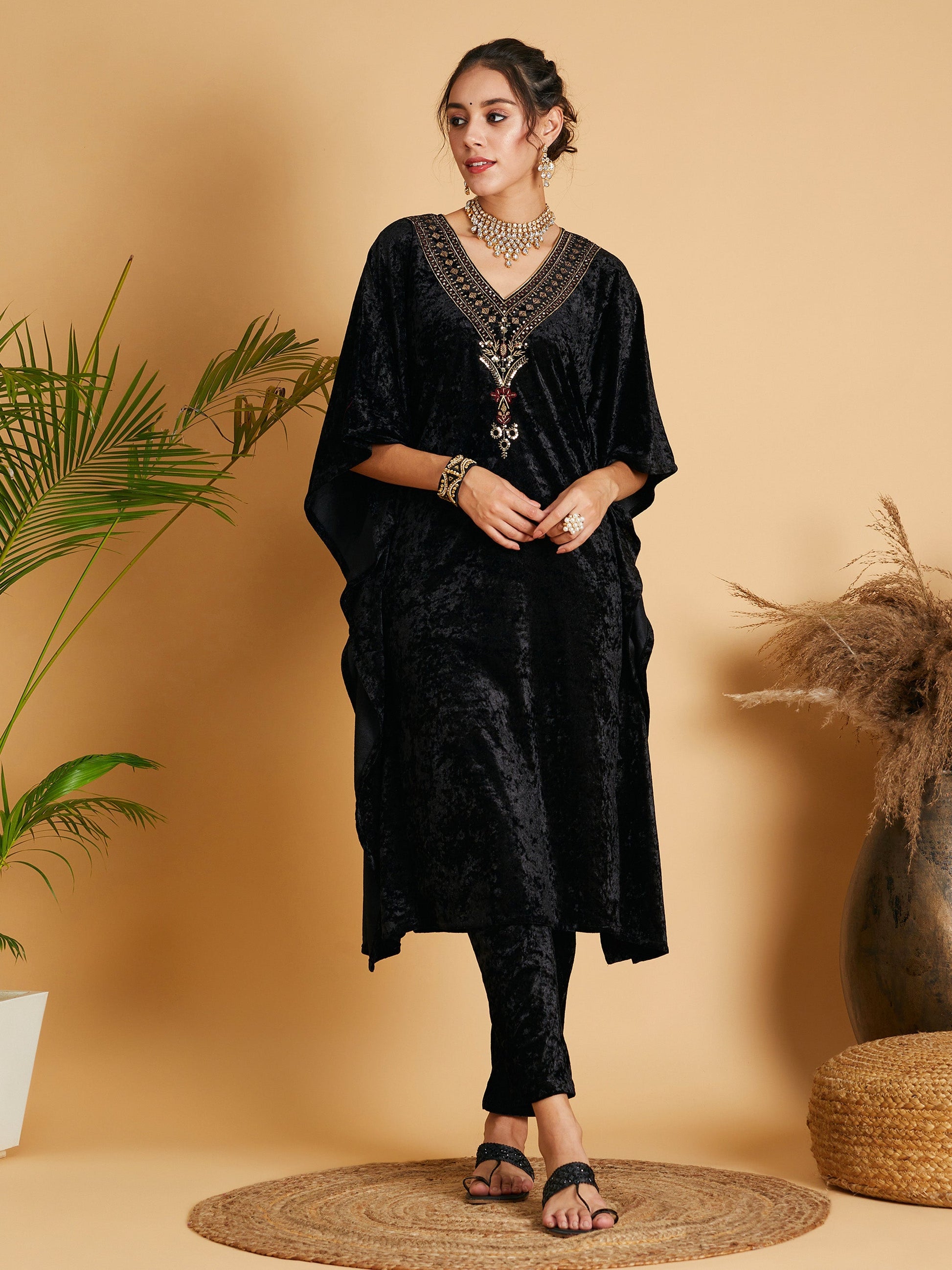 Black Velvet Kaftan Kurta-Shae by SASSAFRAS