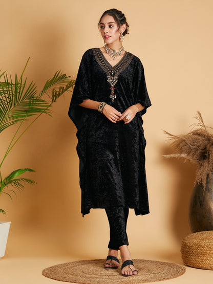 Black Velvet Kaftan Kurta-Shae by SASSAFRAS